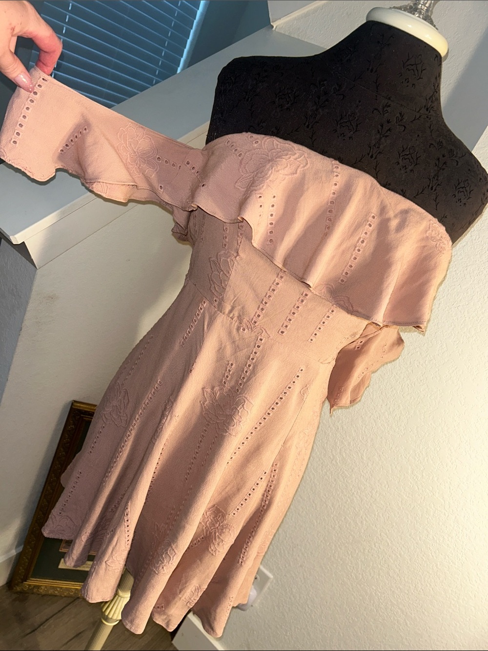 Astr Off the Shoulder Blush Pink Eyelet Ruffle Dress